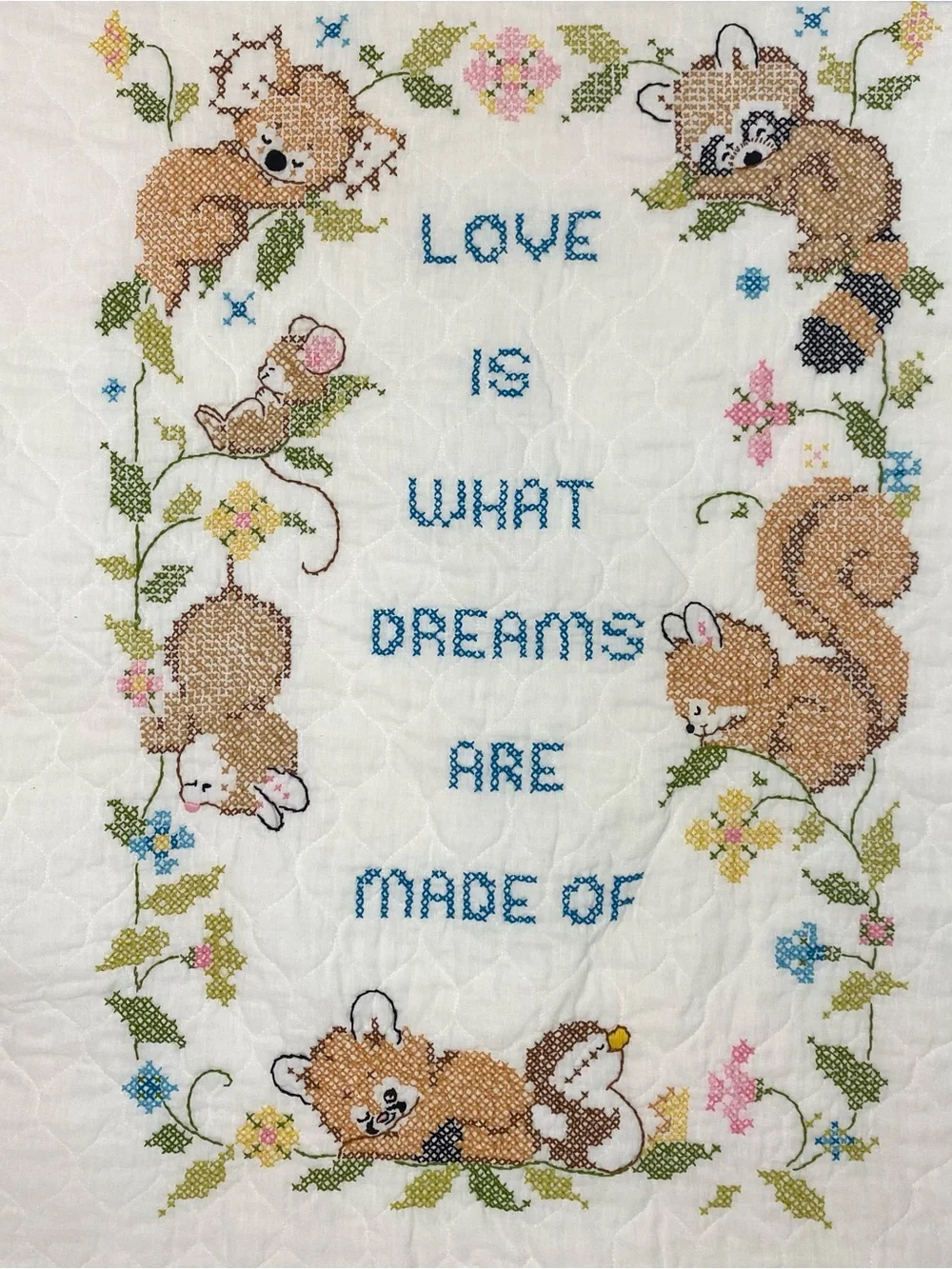Vintage Cross Stitched Baby Quilt Animal Blanket Raccoon Squirrel